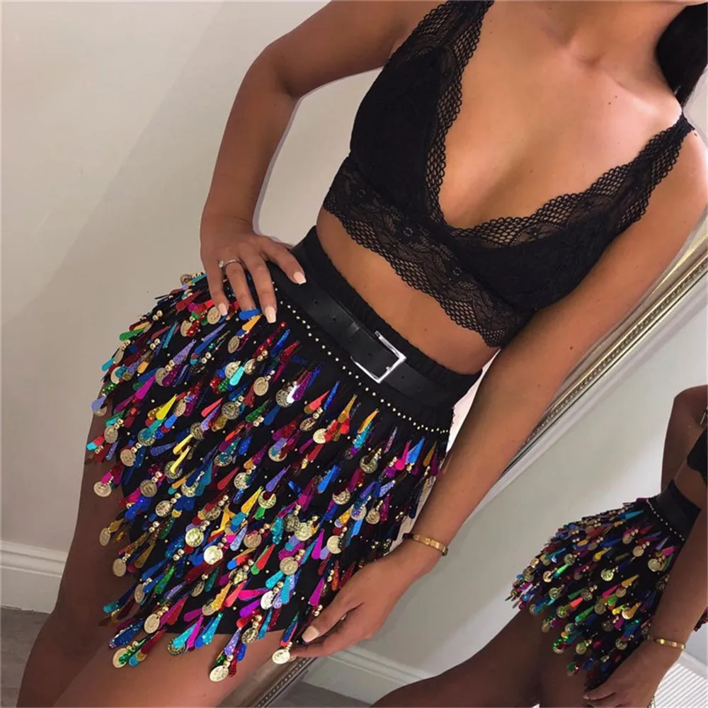 

Gaono Women Colorful Shiny Skirt Multi-layered Sequin Tassel Skirt for Party Night Club Tassel Scarf Rave Belt Wrap Costume
