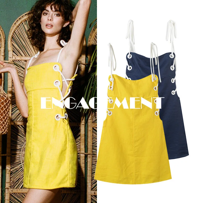 

ENGAGEMENT 2021 Dress Summer French Elegant Strap Linen Mini Dress Sexy Strapless Skirt