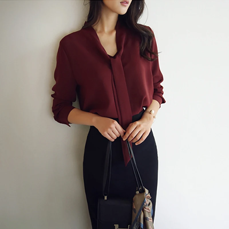 2019 Летний Новый шифон Женщины блузка с длинными рукавами и бантом офис леди белые