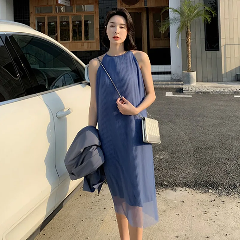 

New Summer Temperament Black Dress Women Solid Color Sleevelesses Loose Chiffon Dresses Vestidos W1