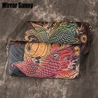 genuine leather handmade wallet for men women carving fish long zipper wristband purse top layer cow leather retro clutch bag