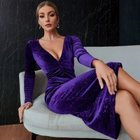 sequin velvet dress women purple at knee length party dresses for woman casual v neck long sleeve bodycon dress