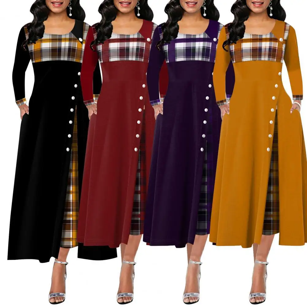 

Dropshipping Lady Dress Contrast Colors Plaid Round Neck Patchwork Banquet Dress for Commute