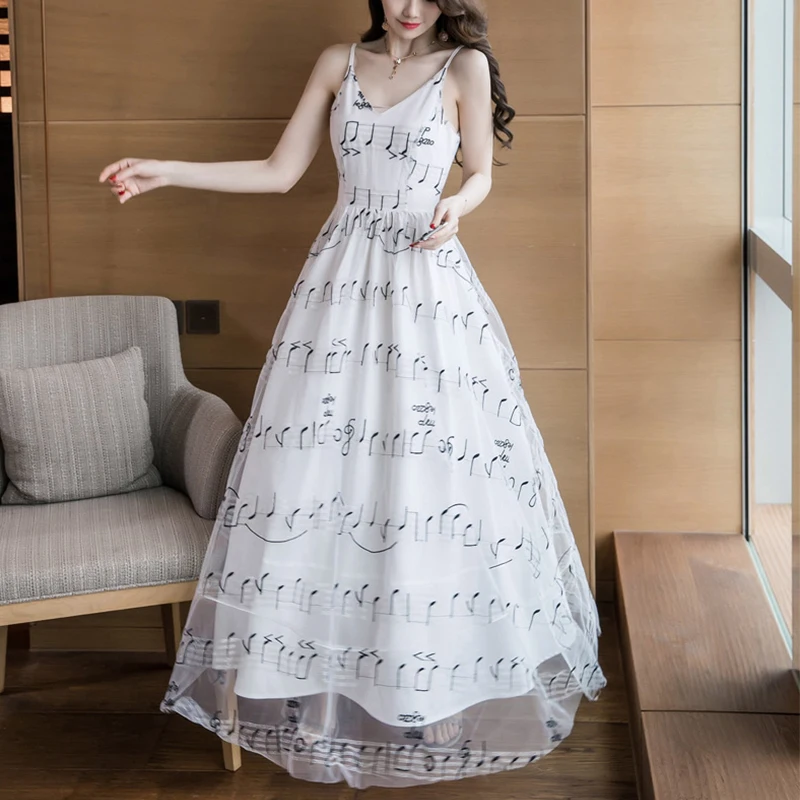 

Длинные вечерние платья для женщин с принтом музыкального символа, тонкое корейское платье, модное милое женское платье на бретельках, бело...
