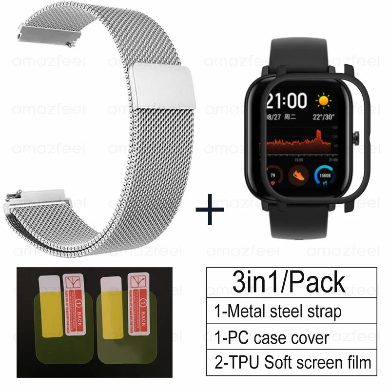 Silver-black 3 в 1 Аксессуары для Amazfit GTS ремешок с чехол металлический Миланский Браслет для Huami Amazfit GTS Band Защитная пленка для экрана - Цвет: Silver-black