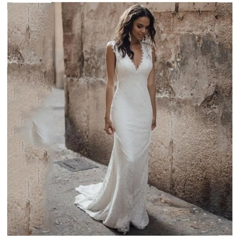 

Elegant Deep V Neck Lace Mermaid Wedding Dresses 2020 Hollow Back Backless Sweep Train 2020 Bridal Gowns vestido de noiva