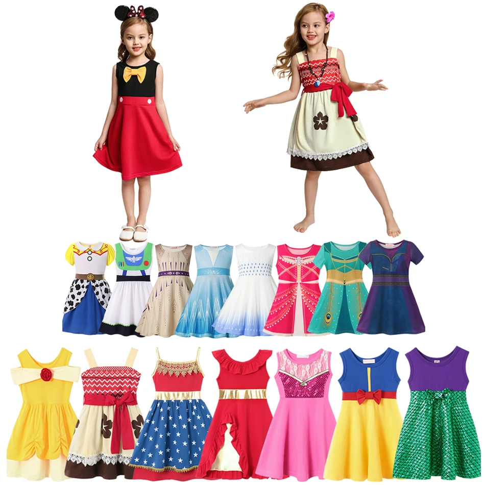 Летнее платье для девочек Disney Эльзы детские костюмы Микки Минни принцессы
