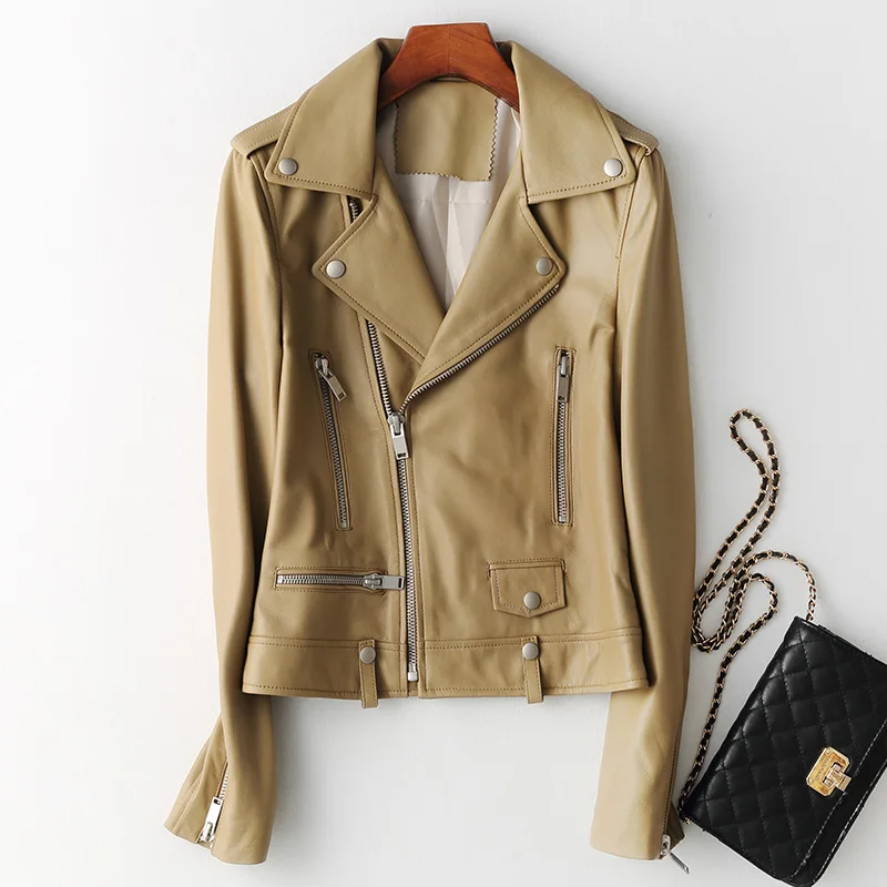 JAZZEVAR 2023 New High Fashion Street Women Real Sheep Skin Leather Jacket Genuine Leather Classic short Motorcycle Jackets