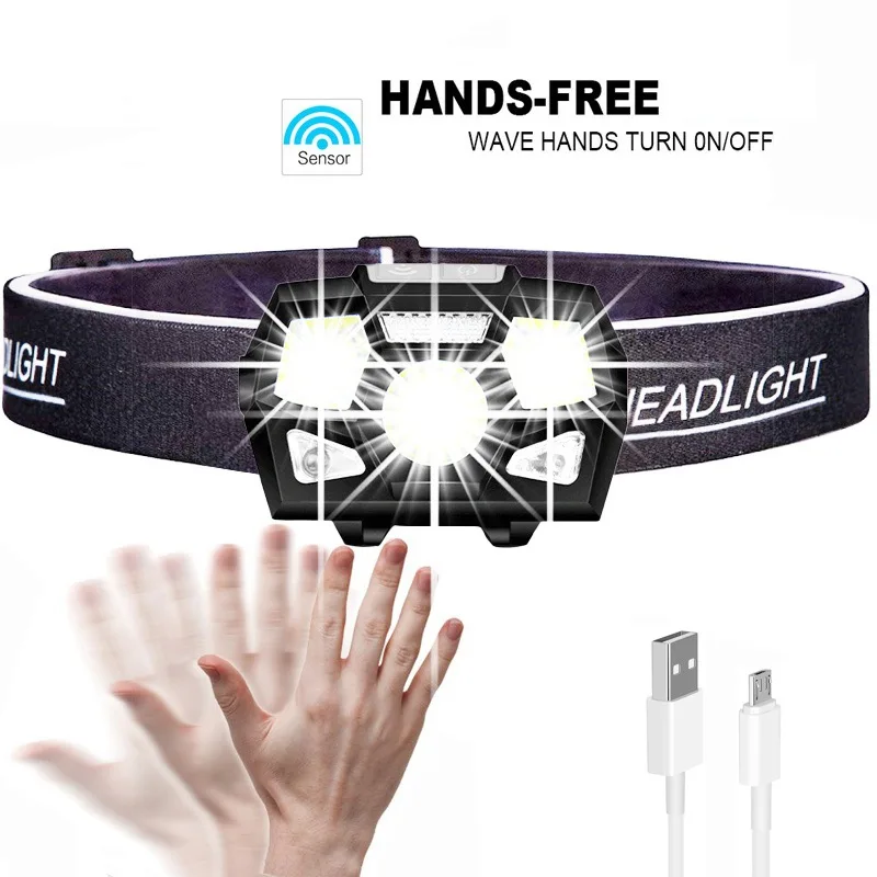 

900 Mah Powerful Led Headlight Sensor Head Light Usb Rechargeable Headlamp Head Torch Waterproof For Camping Hiking Accessories