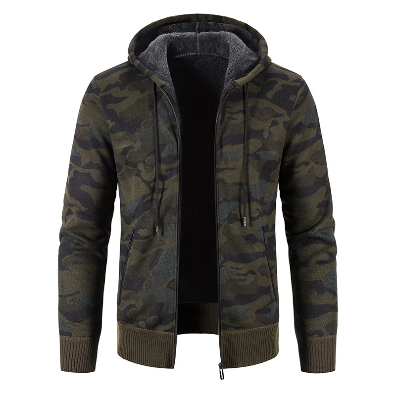 Men's Cardigan Knitted Hoodie with Zipper Autumn/winter Fleece Thick warm wool Sweater Coat Pullover Fashion Camouflage Jacket