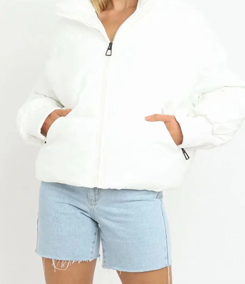 2021 Winter Women's Stand Collar Zipper Jacket Office Solid Pocket Cotton Short  Women's Coat Casual Warm Parka Female Outwear