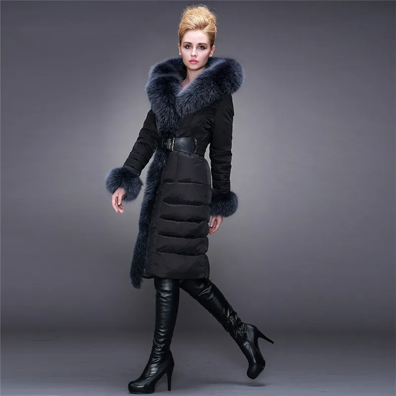 AYUNSUE Winter White Duck Down Jacket Women Hooded Big Fox Fur Collar Long Coat Puffer Womens Jackets YL1608222 KJ3737 | Женская одежда