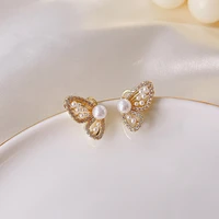 light luxury butterfly pearl zircon stud earrings 14k gold sweet clip earrings without ear holes party wedding exquisite jewelry