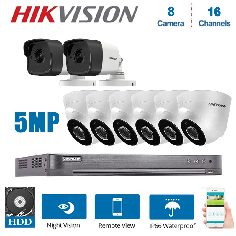 Hikvision 16 канальный XVR DS 7216HUHI K2 с 8 шт. Гибридный 5MP 4 в 1 ночного видения камеры