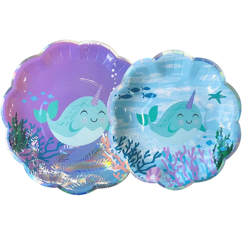 9 дюймов милая бумага с темой нарвала синяя фиолетовая тарелка детский душ день