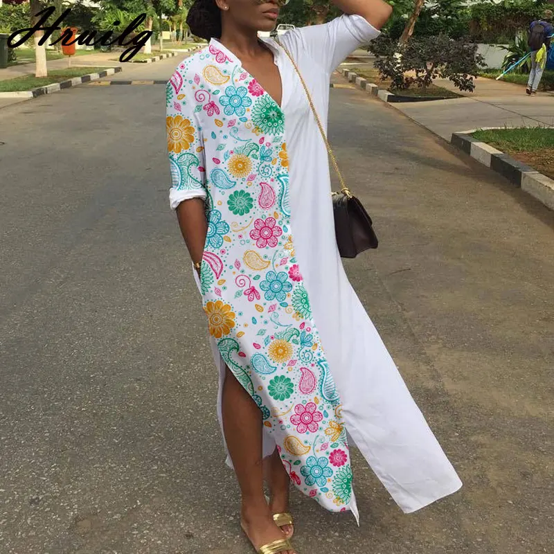

Plus Size Dresses Long Sleeve Floral Print Patchwork Casual Shirt Dress Streetwear Hem Split Pocket V Neck Fashion Summer Autumn