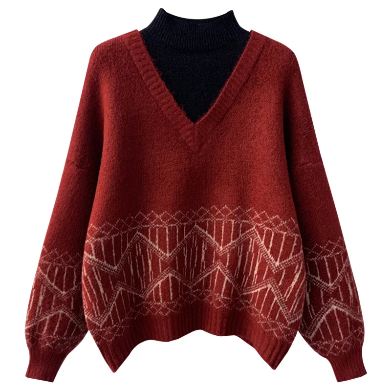 

False 2 Pieces Knitted Women Sweater Turtleneck Long-Sleeved Loose Thicken Warm Female Pulls Outwear Tops