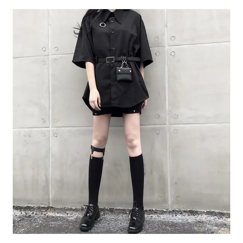 Винтажные женские топы в стиле Харадзюку с ремнем сумки черные повседневные