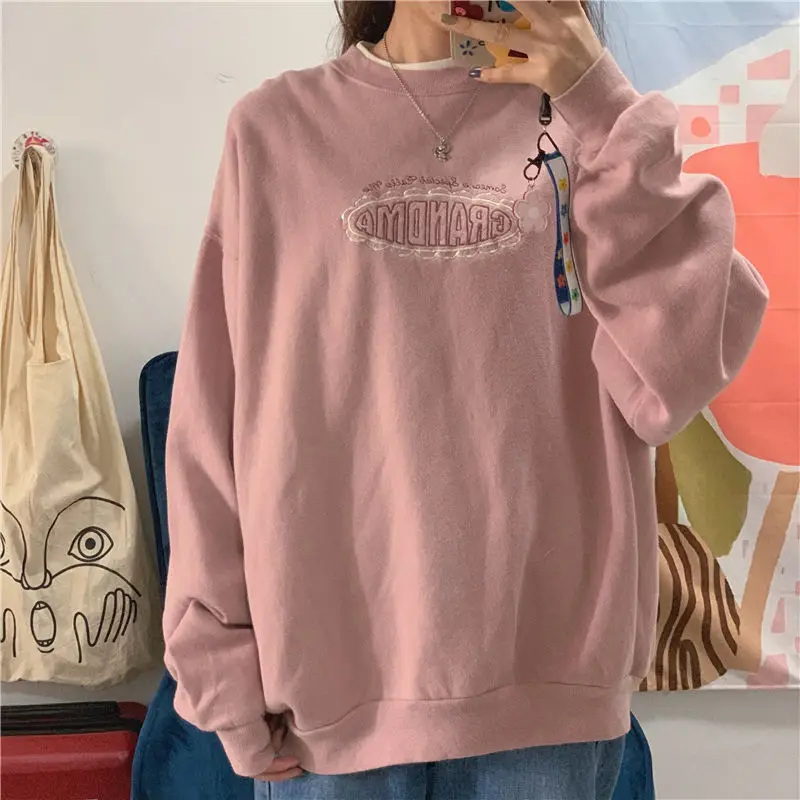 

Women Sweatshirts Harajuku Pink Kawaii Thicken Plus Velvet O-neck Retro Students Loose Leisure Pullover Streetwear Daily Chic