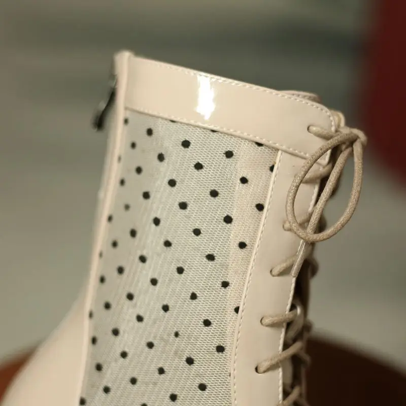 COOLULU Polka Dot Ankle Booties Square Mid Heel Lace Up Women Boots Fashion Summer Zipper Patent Leather | Обувь