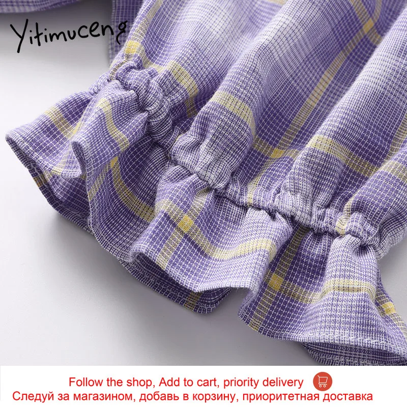 

Yitimuceng Plaid Button Dresses Women A-Line Solid Spring 2021 Lantern Sleeve Slash Neck Single Breasted Short Office Lady New