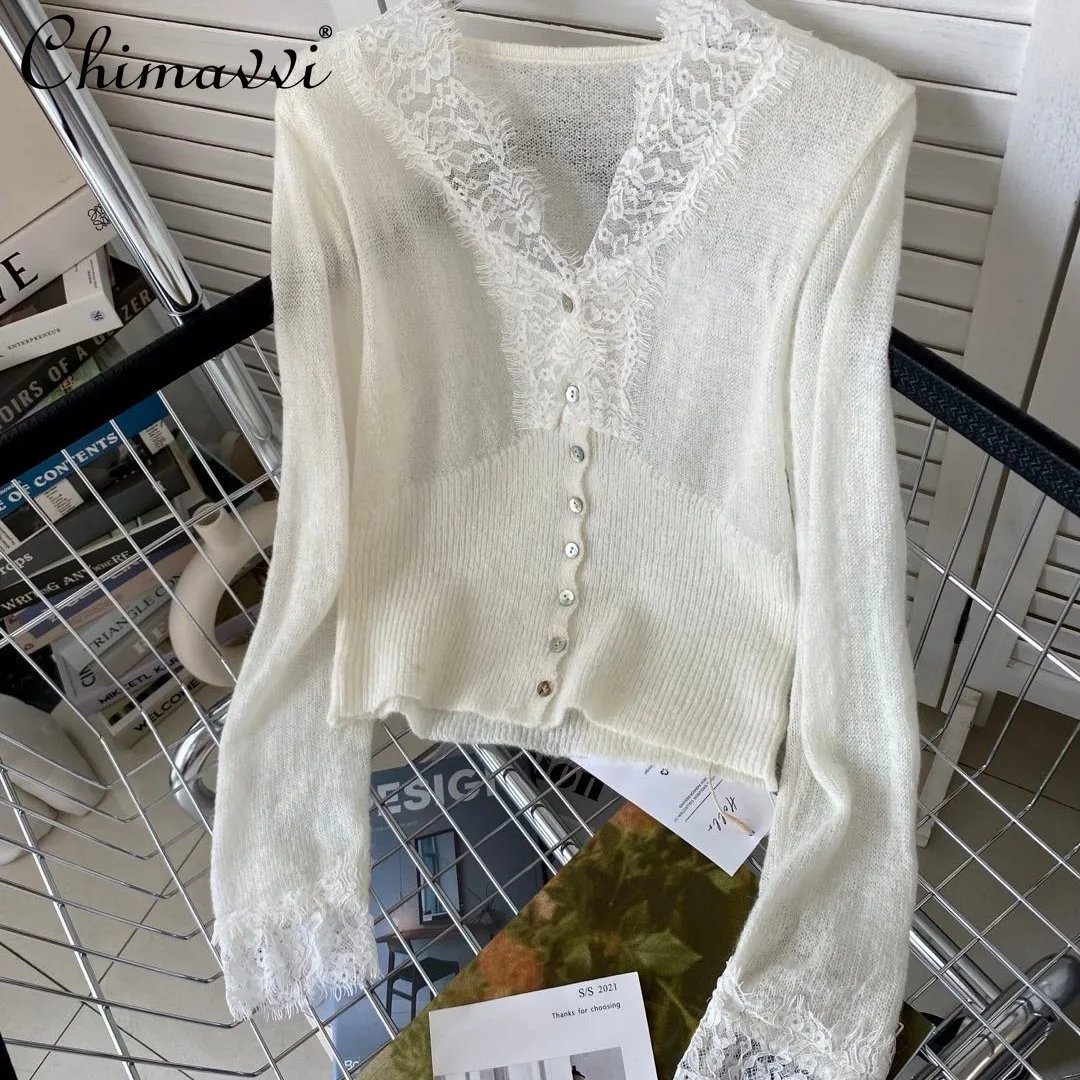 

2021 Autumn and Winter New Ladies Fashion Sexy Mohair Lace Bottoming Knitted Shirt Women's Simple Solid V-neck Pullover Sweater