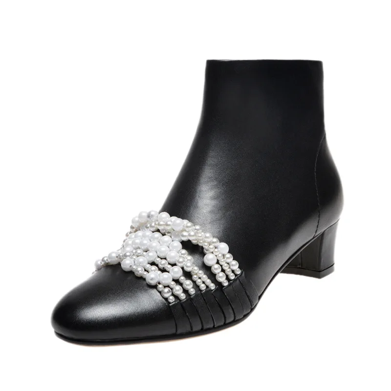 

Pearl Thick Heel Crystal Round Toe Zipper Fashion Shoes Autumn Winter New Real Leather Mid-heel White Short Chelsea Boots Women