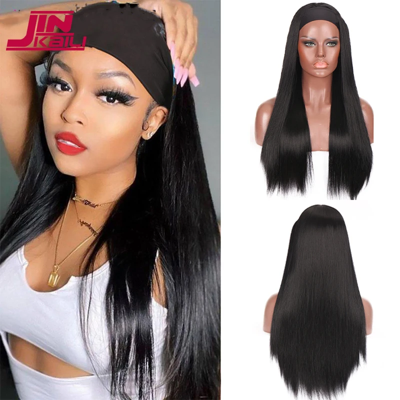JINKAILI Long Straight Synthetic Headband Wig for Black Women None Replacement Headwraps Hair Band Wig Hair Accessories