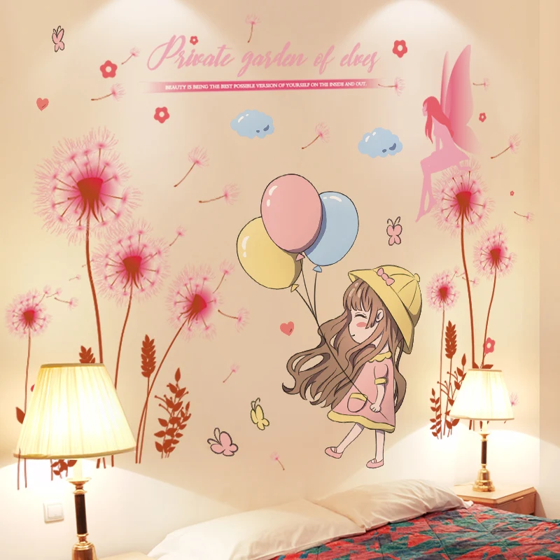 

[shijuekongjian] Dandelion Flower Wall Stickers DIY Girl Balloons Mural Decals for Kids Rooms Baby Bedroom Home Decoration