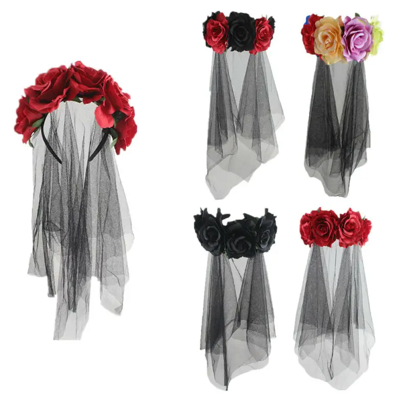 Fashion Ladies Girls Day of the Dead Red Rose Headband Headdress Flowers Halloween Hat |