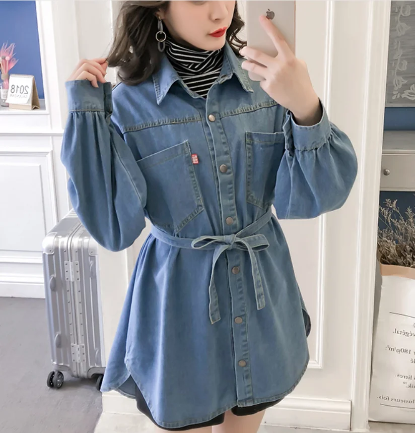 Женская свободная джинсовая рубашка Повседневная однотонная блузка с длинным