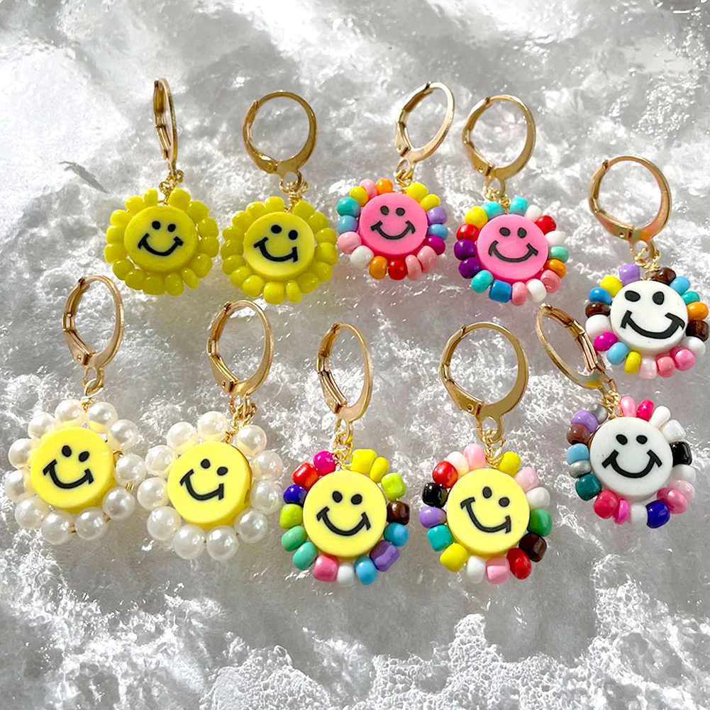 

Geometric Smile Face Hoop Earrings Round Huggies For Women Lovely Colorful Flower Circle Earrings Trendy Jewelry Gifts 2022 New