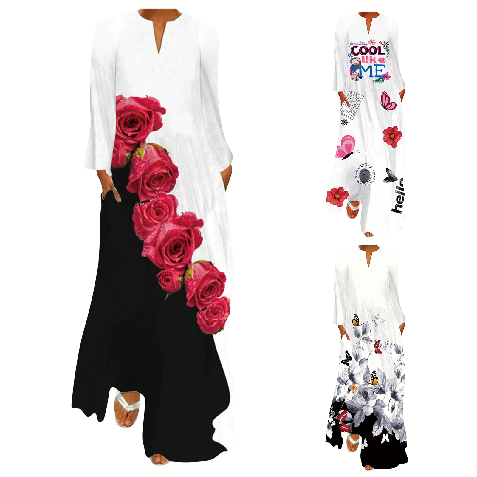 

Женское платье с длинным рукавом, V-образным вырезом и карманами