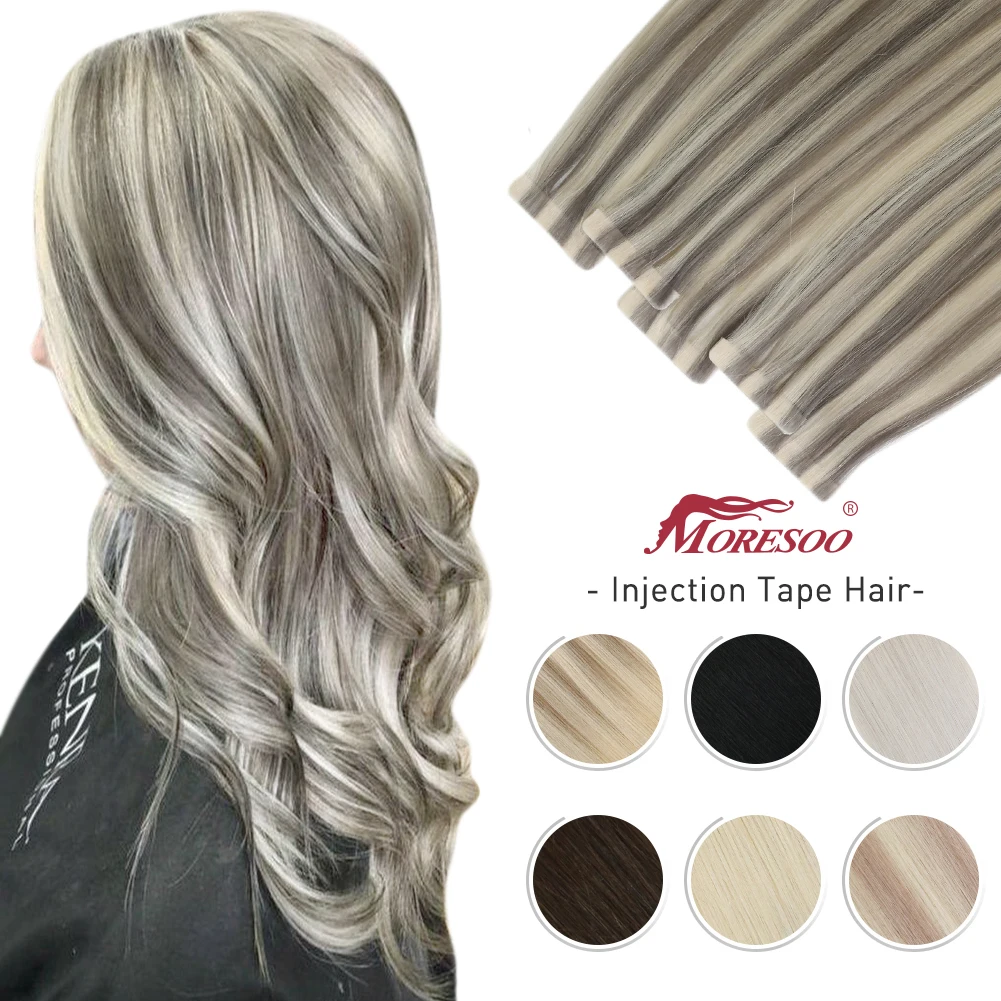 

Moresoo Injection Tape in Human Hair Extensions Virgin Hair Double Drawn Natural Straight Seamless Injected PU Skin Weft Hair