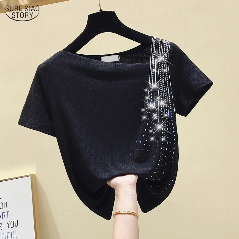 

Casual T Shirt for Women Clothing Solid Short Sleeve Tees Tops 2020 Summer Irregular Diamonds Black T-shirt Femme Blusas 10016