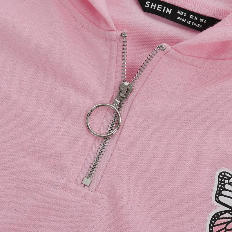 

Muyogrt Y2K Zipper Crop Top Pink Long Sleeve Hoodies Women V-Neck Fashion Butterfly Cropped Sweatshirt Casual Short Hooded Tops