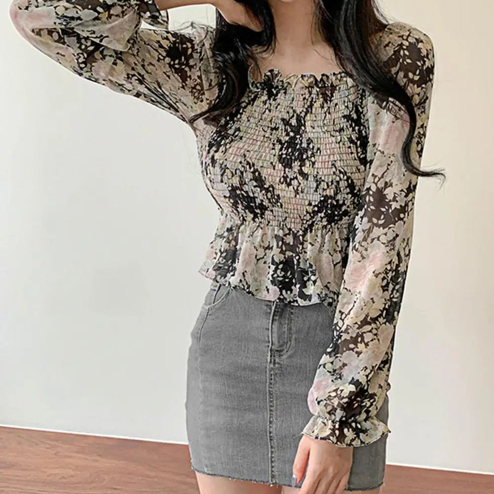 

Women Lace Square Neck Long Puff Sleeve Floral Print T-shirt Crop Top Blouse For Spring 2021