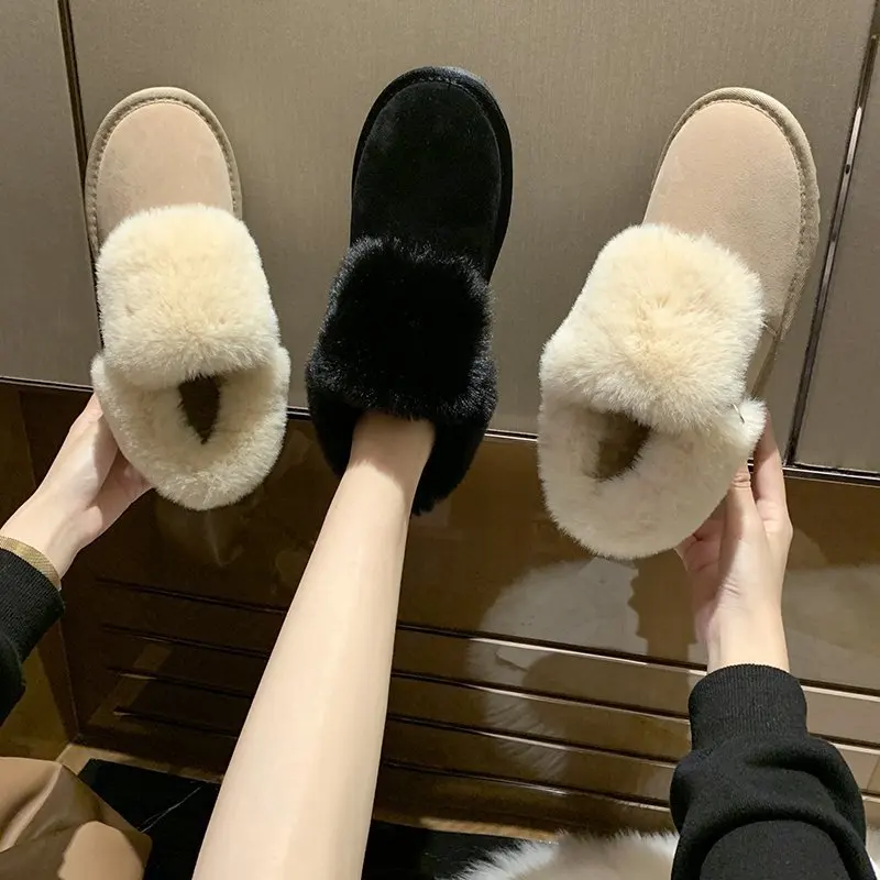

Luxury 2022 New Winter Snow Boots Women's Fur Zipper Beige Flat Shoes Women Short Tube Warm Velvet Thick Cotton Shoes Women