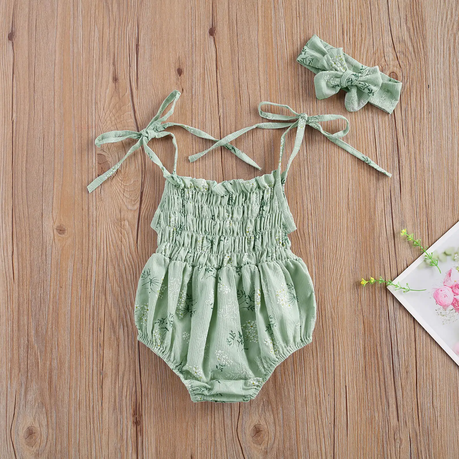 

Pudcoco 2021 Summer 0-18M Toddler Baby Girl 2Pcs Set Delicate Floral Print Bows Spaghetti Strap Sleeveless Bodysuit+Headband