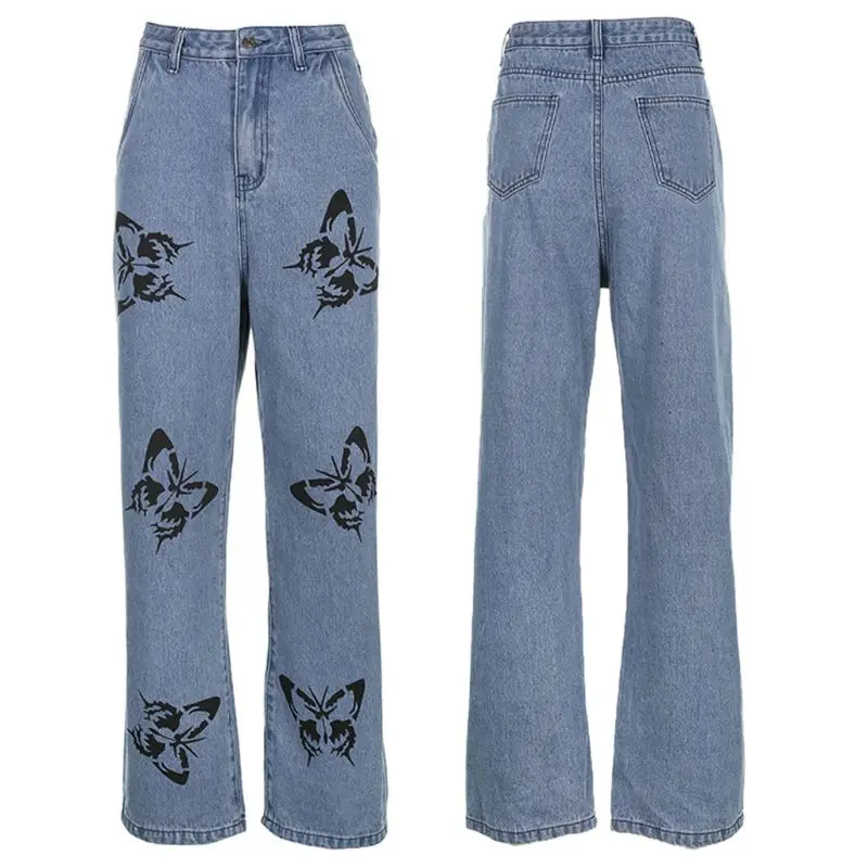 Женские мешковатые джинсы, повседневные широкие прямые брюки с высокой талией, с принтом в виде бабочек, лето-осень, 2020 от AliExpress RU&CIS NEW
