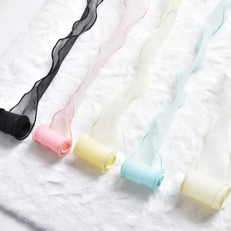 50Yards/Roll Organza Edged Ribbon Wavy Crimping Yarn Handmade Crinkle Tape DIY Bowknot Clip Hair Accessories Satin Craft Webbing