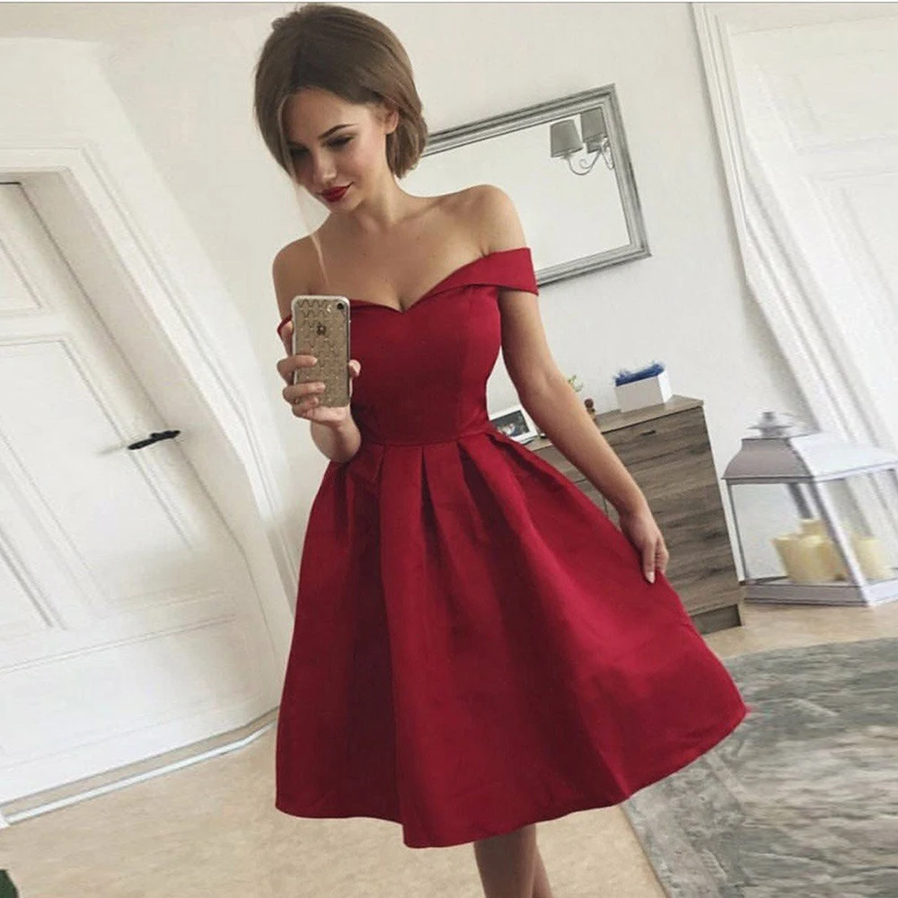 

Red off-Shoulder Evening Dress Short 2021 Satin A-Line Elegant Ball Gown Sweetheart Simple Cocktail Vintage Dress robe de soire