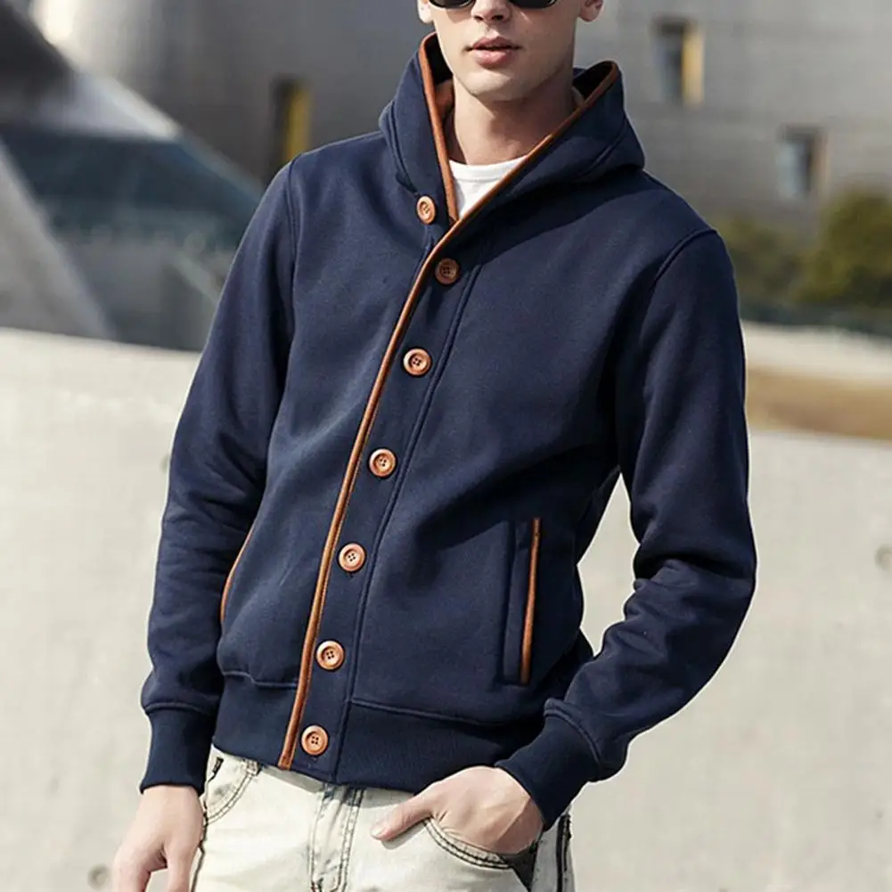 

Men Hooded Cardigan Outwear Jacket Autumn Winter Buttons Long Sleeve Coat Casual Hooded Fur Lined Motorcycle Biker Denim Coat
