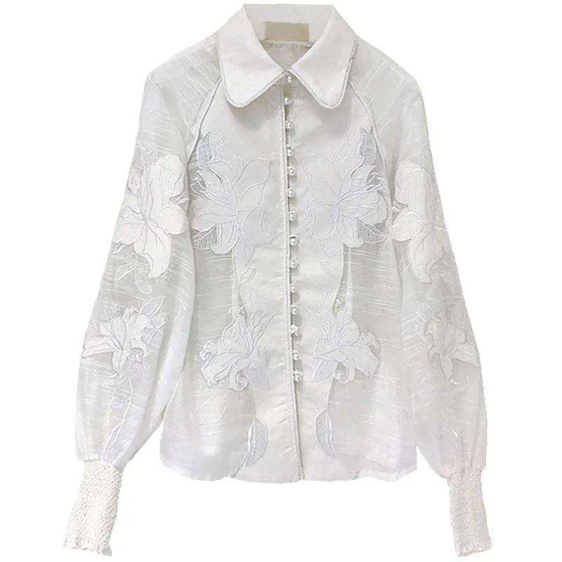 Новая весенняя женская элегантная рубашка с цветочной вышивкой и жемчужинами