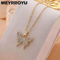 meyrroyu stainless steel new romantic micro inlaid rhinestone butterfly necklace for women 2021 trend party gift fashion jewelry