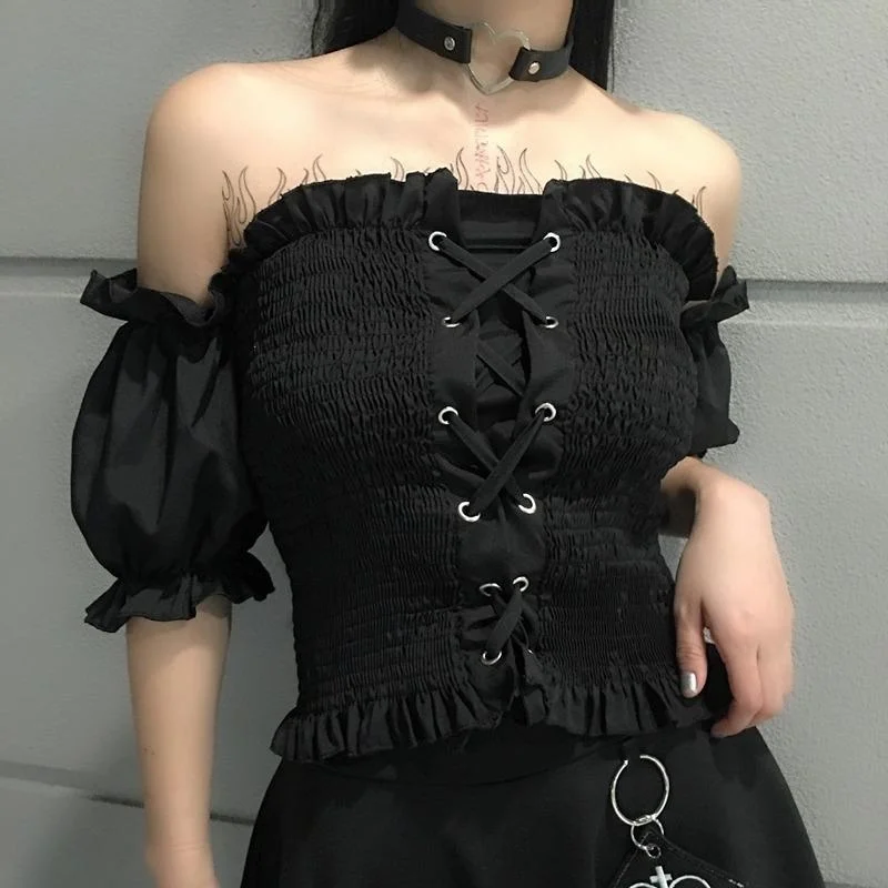 Женский Готический укороченный топ в стиле панк с открытыми плечами и рукавами