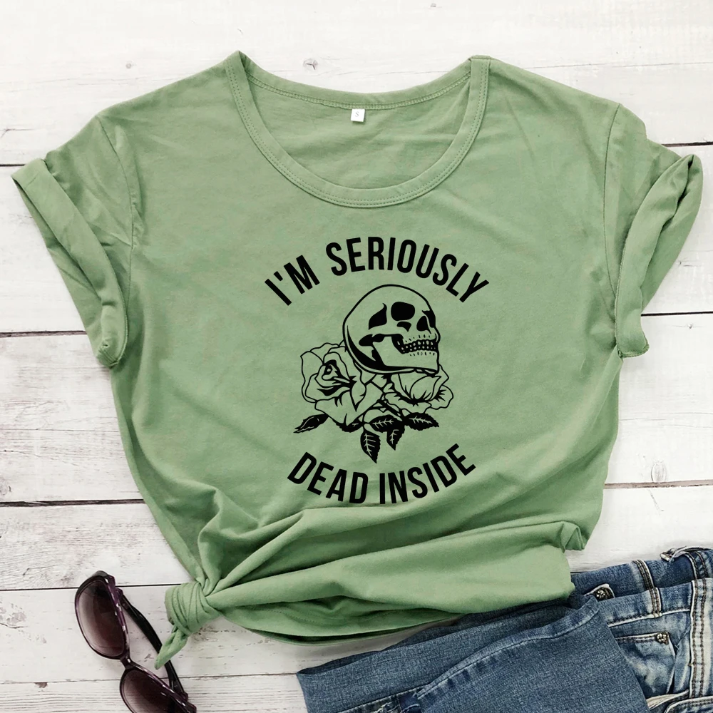 olive-black text Футболка с принтом «I'M Dead Inside Skull»; Летняя Повседневная футболка с короткими рукавами и принтом в виде черепа; стильная футболка в стиле Харадзюку С гранж; модные топы; Camisetas - Цвет: olive-black text