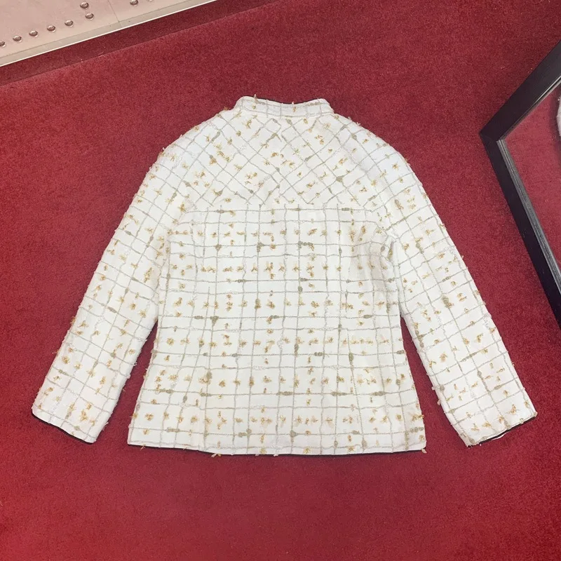 Золотая нить тканая 2020 твидовый воротник стойка бант тонкая куртка элегантная