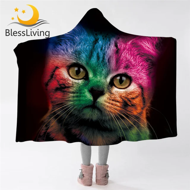 BlessLiving Colorful Cat Hooded Blanket Cute Animal Sherpa Fleece Throw Blanket Adults Kids Wearable Blanket for Outdoor Picnic 1