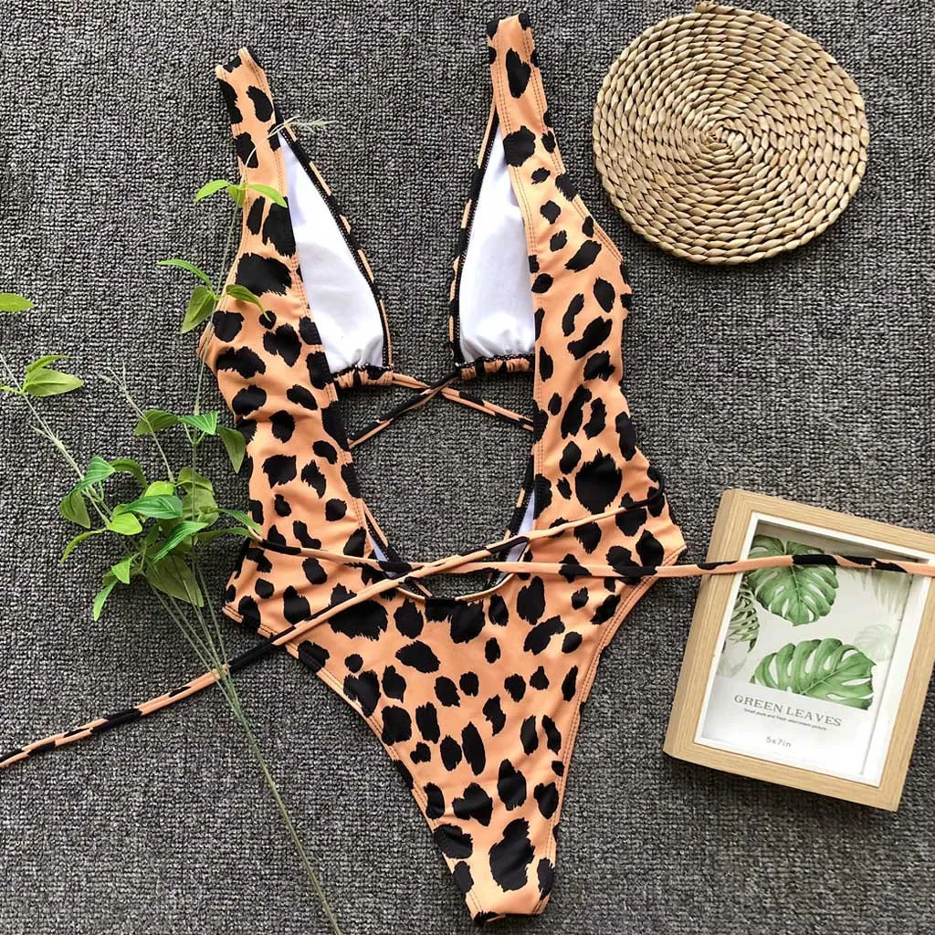 

Summer New Sexy Women One Piece Serpentine Leopard Printed V-neck Bandage Bathing Suit Push Up Padded Bikini Hollow Out Swimsuit